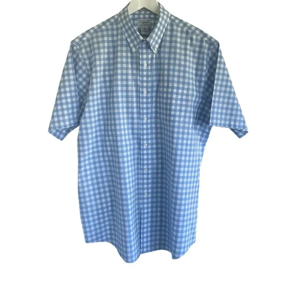 L.L. Bean Wrinkle Resistant Shirt Gingham Blue White 100% Cotton Size Large - Picture 1 of 5